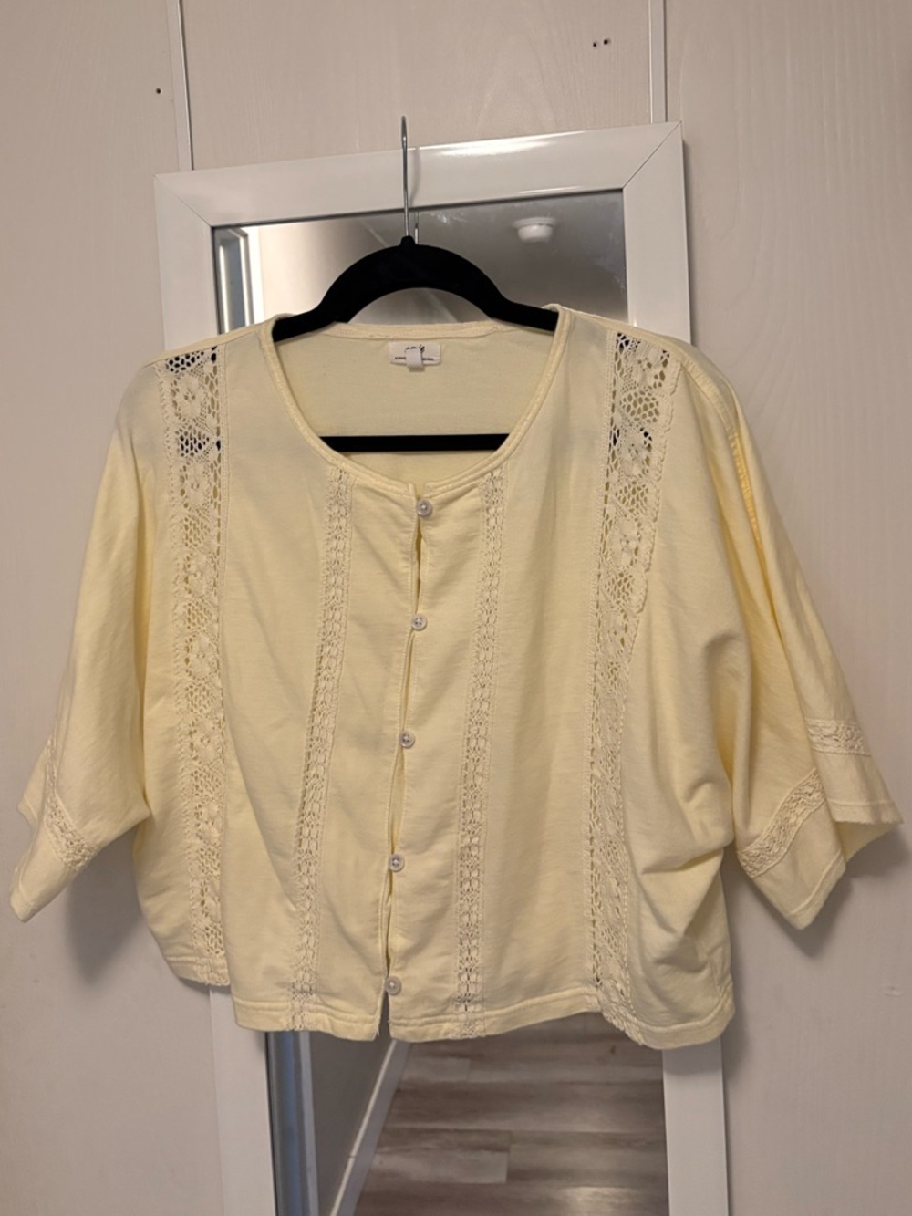 aerie Pale Yellow Lace-Trim Button Down Top